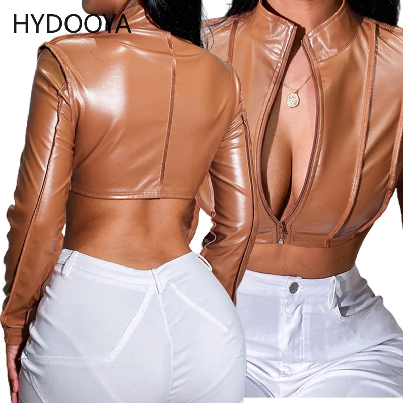 Moto & Biker Style Brown PU Faux Leather Crop Jackets for Women Bright Line Decoretion Bandage Coat Fashion Zipper Slim Outwears