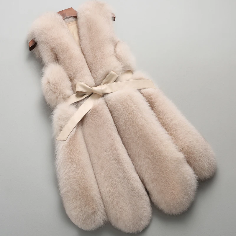 Натуральный Лисий мех, зимний жилет, куртка, без рукавов, v-образный вырез, толстая, теплая, вертикальная полоска,, роскошный жилет из натурального меха, пальто из лисьего меха - Цвет: creamy-white