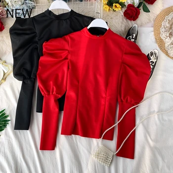 

2020 Women's Short T Shirt Ruffles Tops french Retro Stand Collar Shirt Slim Fit Ruffles Swing Wild Puff Sleeve Tops Tide LS284