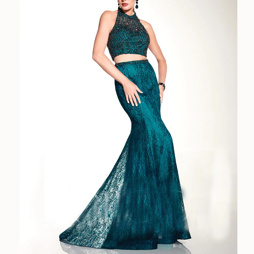Vestidos De Fiesta De Noche два предмета Холтер Кружева Русалка отделка бисером сброшенные на заказ vestido de formatura