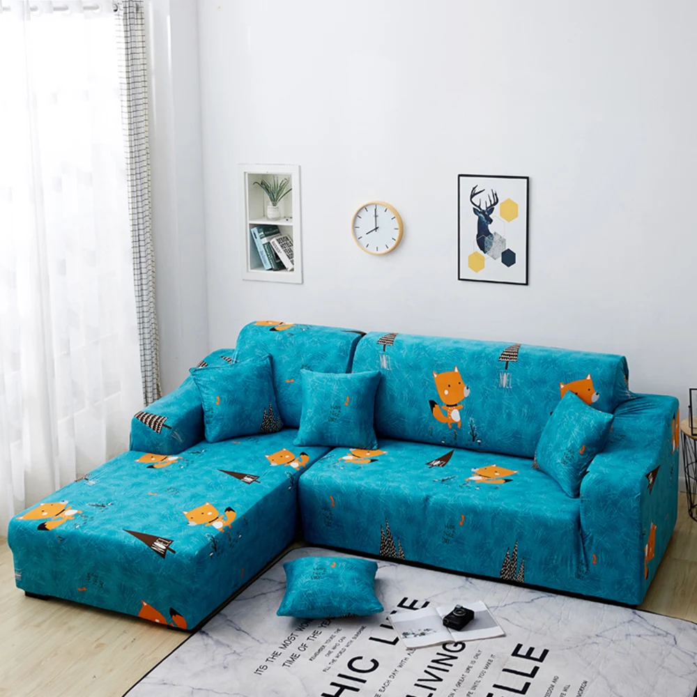B-fox Printed L Shaped Sofa Cover Living Room 2 Pcs Stretch Covers for Corner Sofa Sectional Chaise Longue Sofa Slipcover Corner - Цвет: B-fox