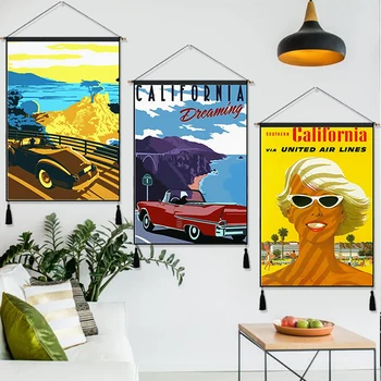 

Travel to America California by Air Line Vintage Hanging Cloth Cotton Line Painting Poster Home Decor Wall Hanging Tapestry Gift