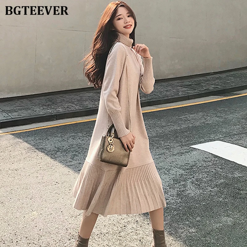 Skup Eleganckie luźne kobiet sweter sukienka 2019 jesień zima sukienka kobiet linii Ruffles dzianiny sukienka Femm luźny pulower Vestidos