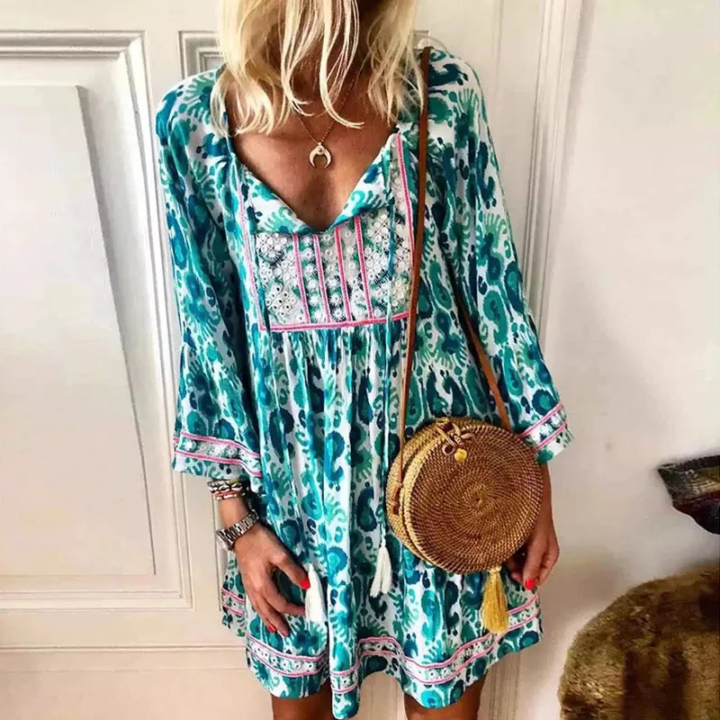 2019 осеннее Новое Женское богемное стильное сексуальное голубое Свободное платье