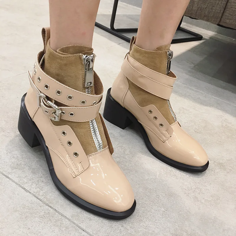 

New Female Women Ankle Boots Belt Buckle Martin Boots Patent Leather Winter Ladies Plus Velvet Shoes Coarse Heel Booties Outdoor