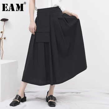 

[EAM] High Waist Black Pocket Pleated Stitch Temperament Half-body Skirt Women Fashion Tide New Spring Autumn 2020 1U32601S