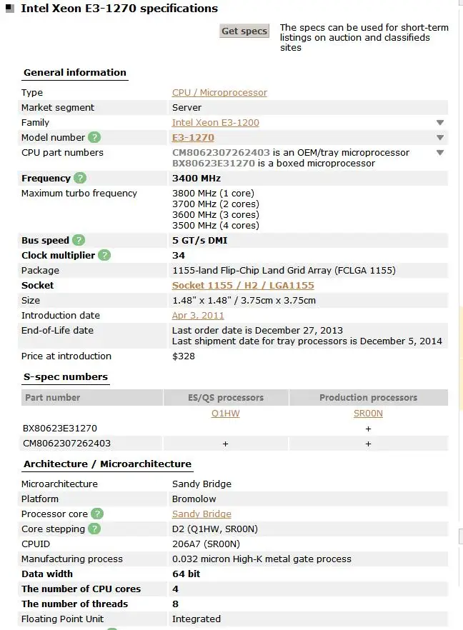 Intel Xeon E3 1270 3,4 GHz LGA 1155 8MB 80W четырехъядерный процессор E3-1270 SR00N протестирован рабочий