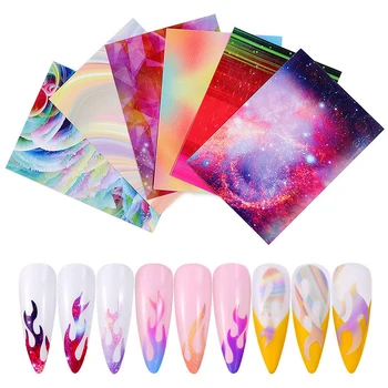 

6pcs/Set Holographic Flame Nail Sticker 3D Aurora Fire Decals Self Adhesive Nail Wraps Hollow Stickers Manicure Nail Decoration