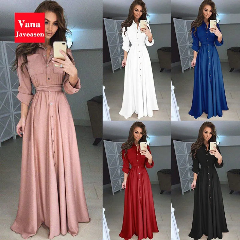 Vana Javeasen сексуальное макси Vestidos Nuevo Slim Fit женское платье с длинным рукавом на пуговицах 5 цветов 8 ярдов вечерние длинные женские платья