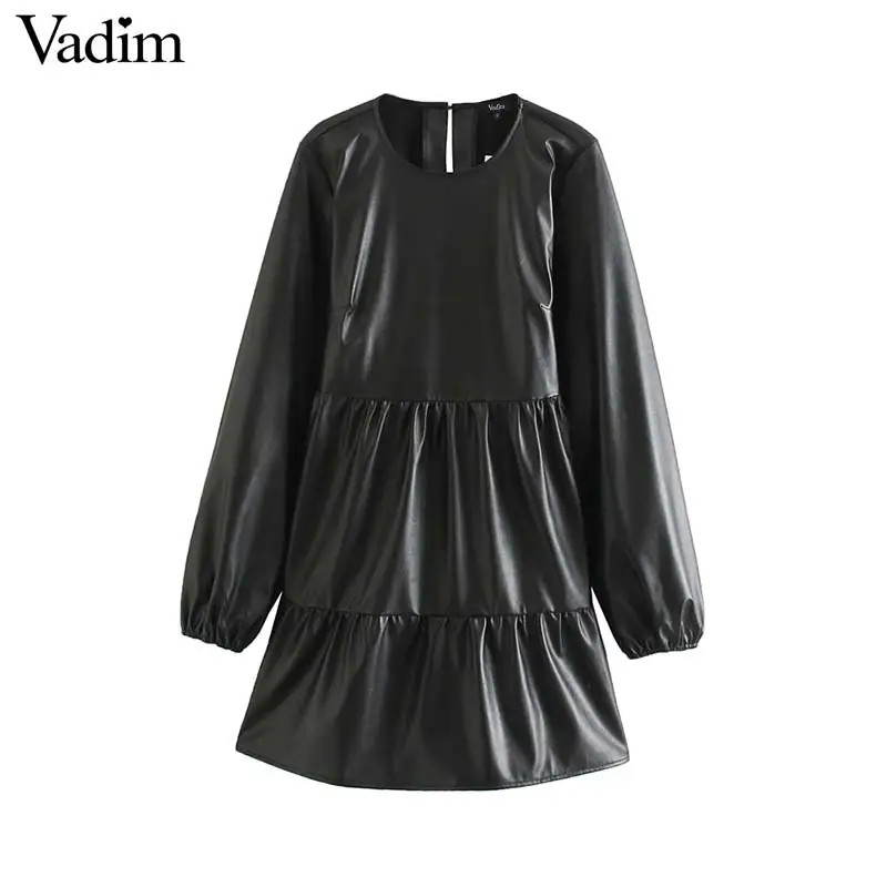 

Vadim women stylish PU leather mini dress long sleeve O neck basic female casual fashion black dresses vestidos mujer QD126