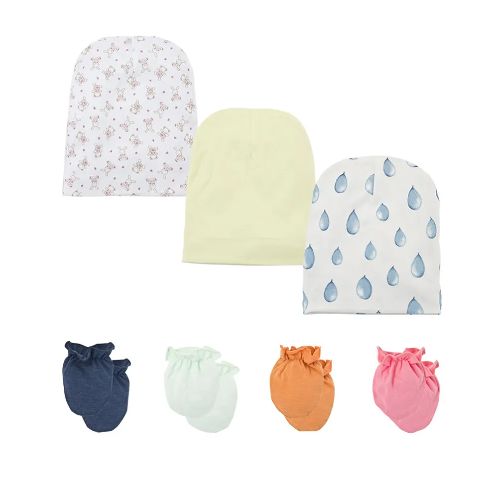 4 пары модных перчаток против царапин для новорожденных, Хлопковые варежки-царапки с 3 шапками из хлопка - Цвет: J1906202