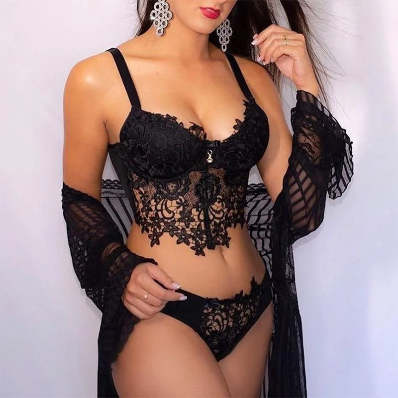 

Two Pieces Sexy Summer Women Lace Up Spaghetti Strap Lingerie Set Low Cut Crochet Lace Bra Top & Panties Set
