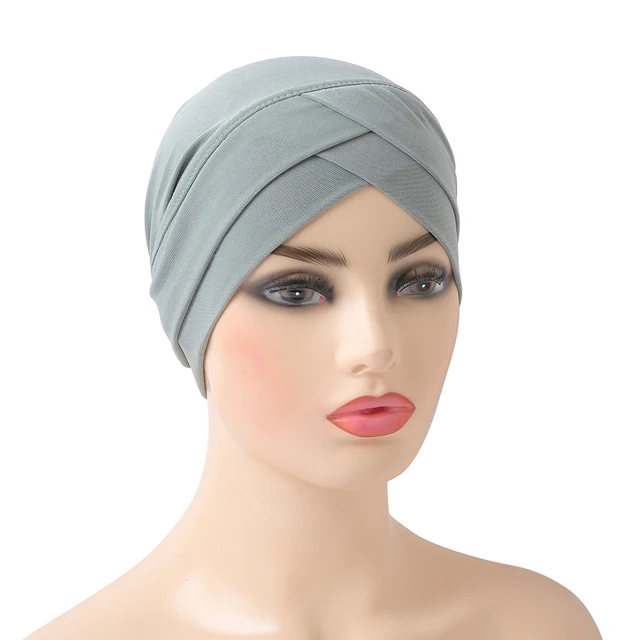 H117 High Quality Criss Cross Muslim Hijab Inner Hat Underscarf Pull On Islamic Scarf Turban Caps Full Headcover Women Headwrap turquoise green