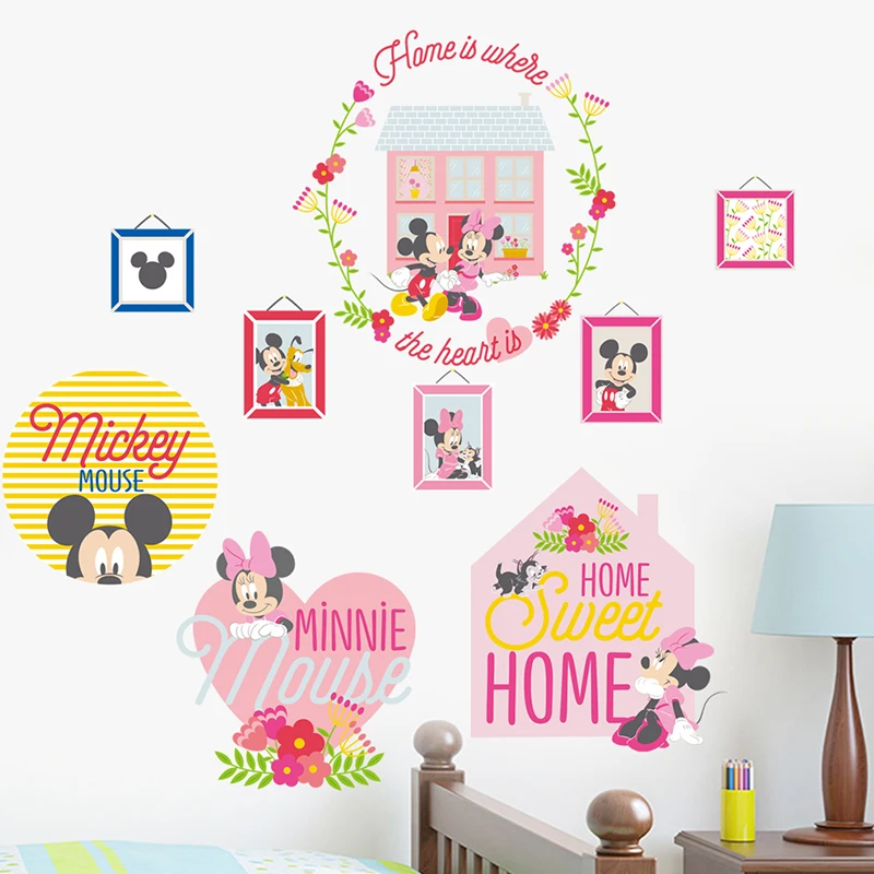 Cartoon Disney Mickey Minnie Mouse Sweet Home Wreath Wall Stickers For Kids Room Home Decor Bedroom Wall PVC Mural Art Wallpaper