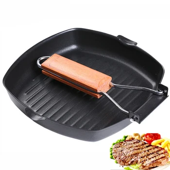 

Pans Cast Iron Steak Grill Pans Non-Stick Frying Pan Wooden Handle Folding for Kitchen Fry Cooking Steak Pans Portable Square