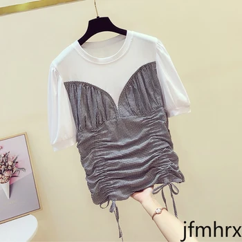 

Drawstring Design Lattice Splicing T-shirt Female 2020 Summer New Top New Short Sleeve Tshirt Girls Ladies T Shirts Tees Jfmhrx