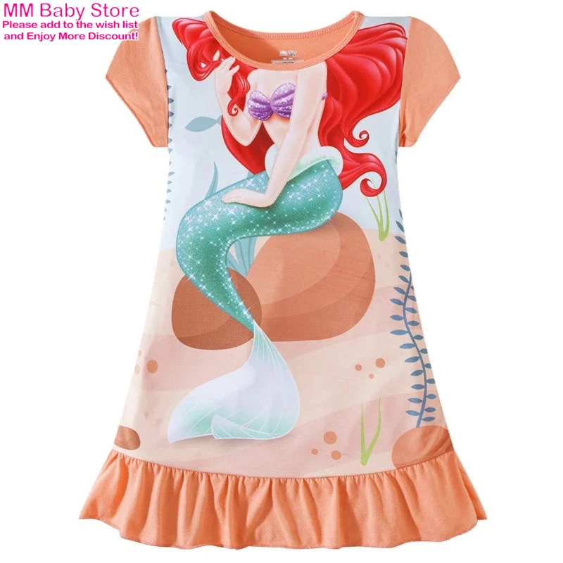 Summer Short-Sleeve Cartoon Anna Elsa Printing Sleepwear Mermaid Snow White Girls Nightgowns Children Party Dresses Pajamas 2-8T