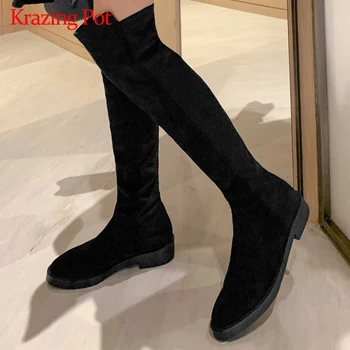 

Krazing pot equestrian boots cow leather patchwork gorgeous med square heels round toe slip on superstar over-the-knee boots L19