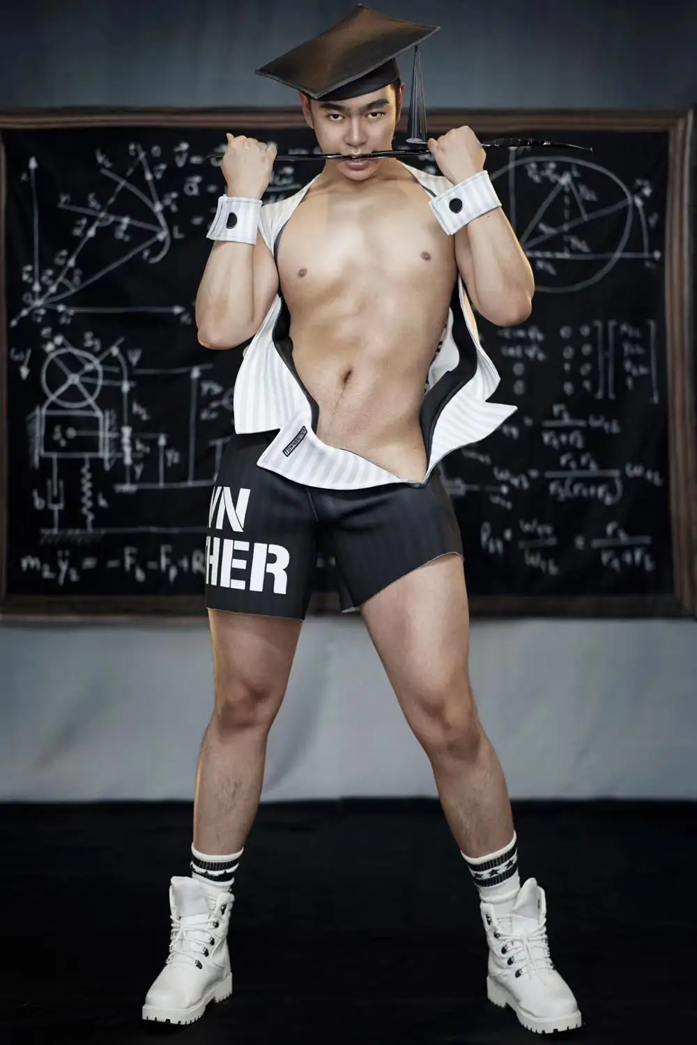 

Teachers' Day Bar Nightclub Men Pole Dancing Costume 3D Print Jumpsuit Elastic Skinny Bodysuit hat Muscle Man DJ Dance Wear