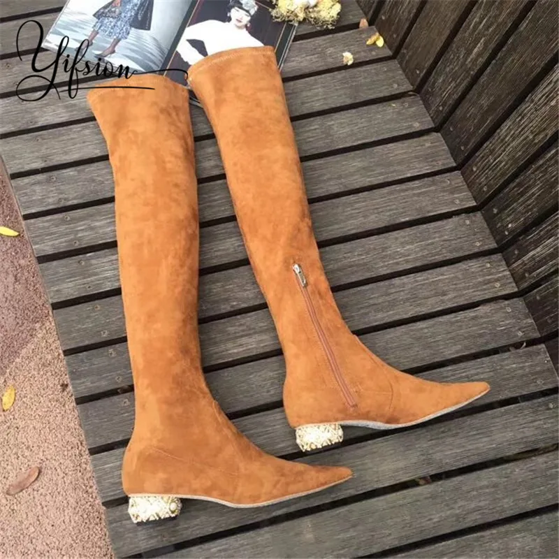 

OLOME New Fashion Black Runway Women Boots Sexy Pointed Toe Side Zip Crystal Chunky Low Heel Ladies Autumn Boots Shoes Women