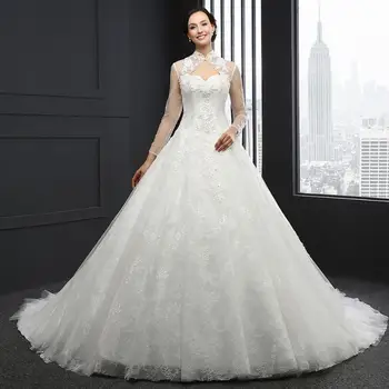 Vestido de novia Q021, vestido de novia, vestidos de novia, corte princesa, cuello alto, encaje de cristal, espalda abierta, vestido blanco largo