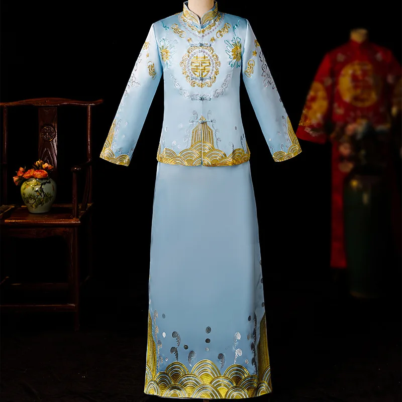 Синий Жених Винтаж Свободный чеонгам традиционное китайское свадебное платье атласное Qipao Вышивка костюм дракона Vestido восточные мужские