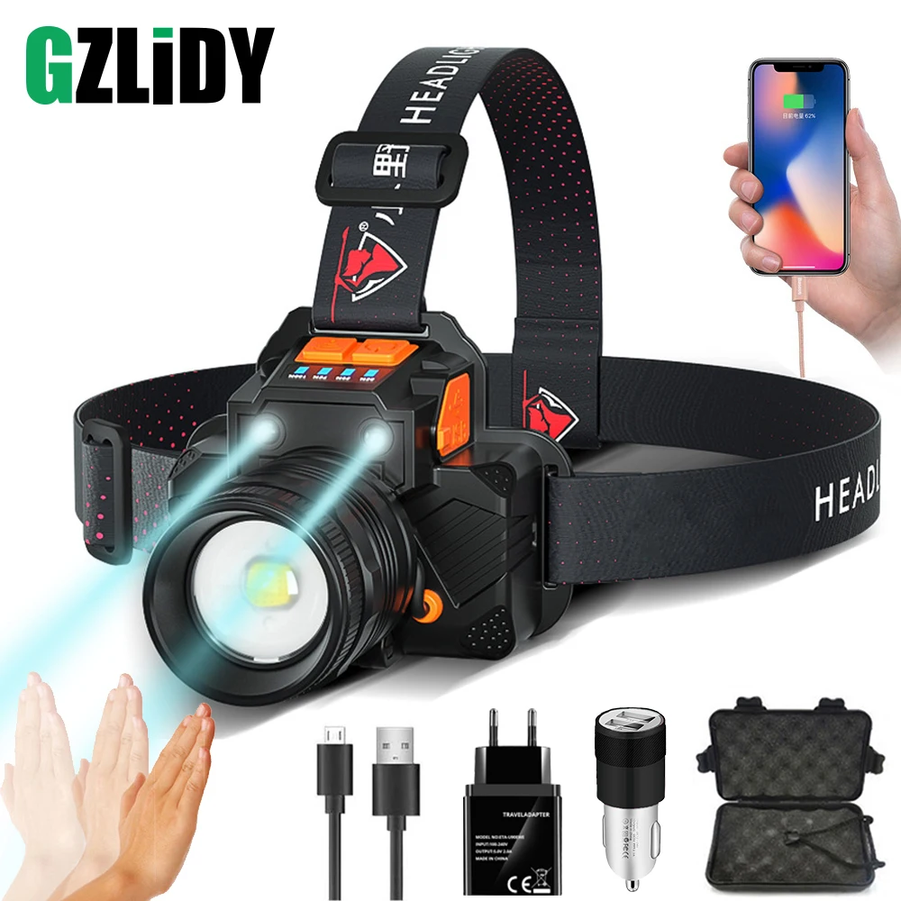 USB Rechargeable LED Headlamp Super Bright T6/L2 Waterproof Headlight with Sensor Switch 3 Modes Fishing Flashlight Zoom Lantern