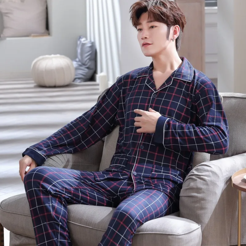 

Men Pajamas Spring And Autumn Pure Cotton Long Sleeve Plus-sized Thin Pajamas Autumn & Winter Homewear Set 2022