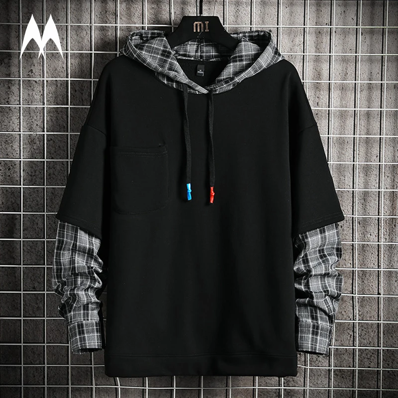 Sweatshirts Streetwear Patchwork Hoodie Hooded Men Clothing Oversized Plaid Brand-New