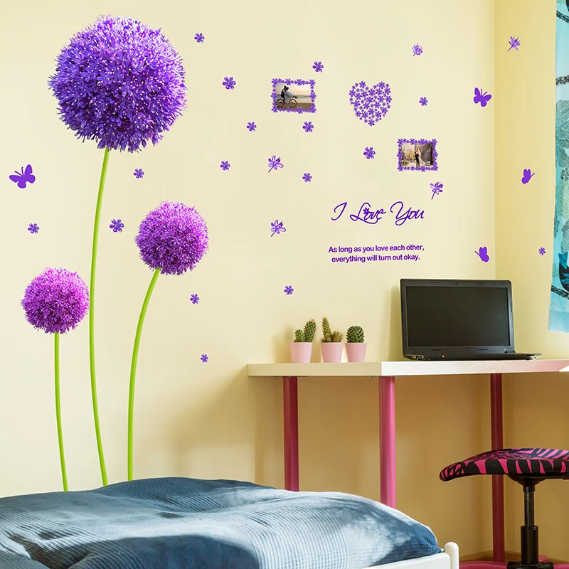 

[shijuekongjian] Purple Dandelion Wall Stickers Mural Decals DIY Plant Home Decor Stickers for Living Room Bedroom Decoration
