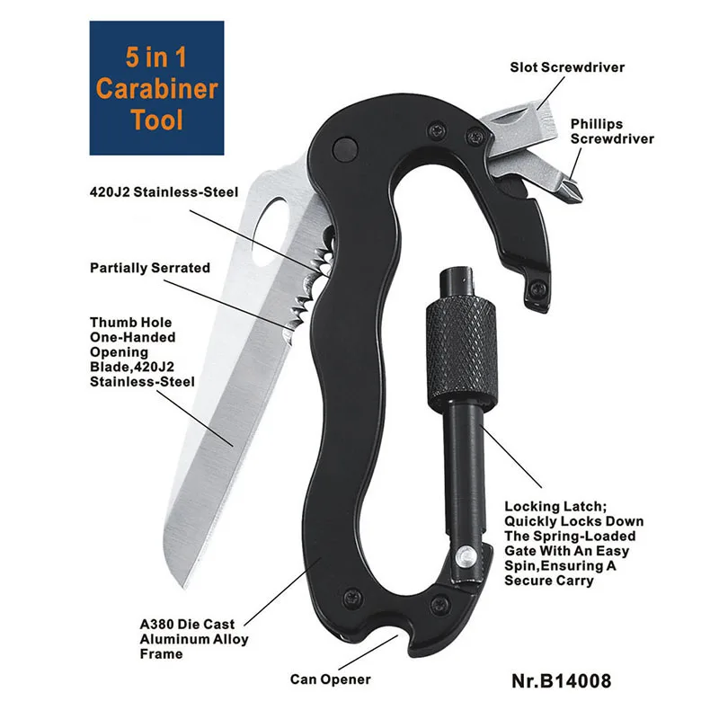Multi Tool Carabiners with Knife+Screwdriver+Bottle Opener for Mountain Climbin 