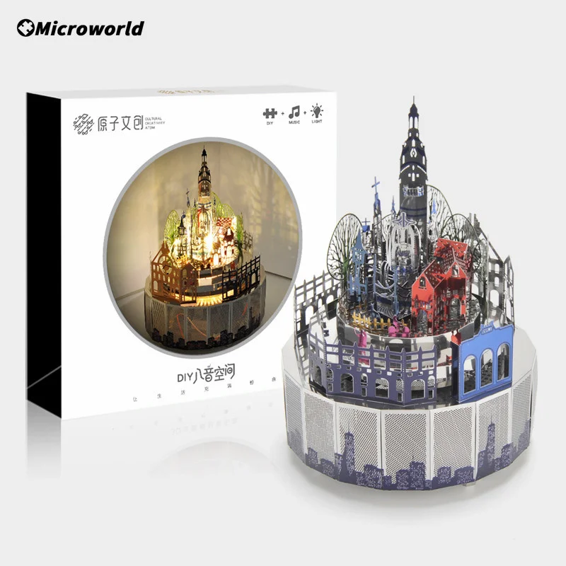 Microworld 3D Metal Theme Rotating Music Box Puzzle Models Kits DIY Laser Cutting Jigsaw Educational Toys Gifts For Girls Adult