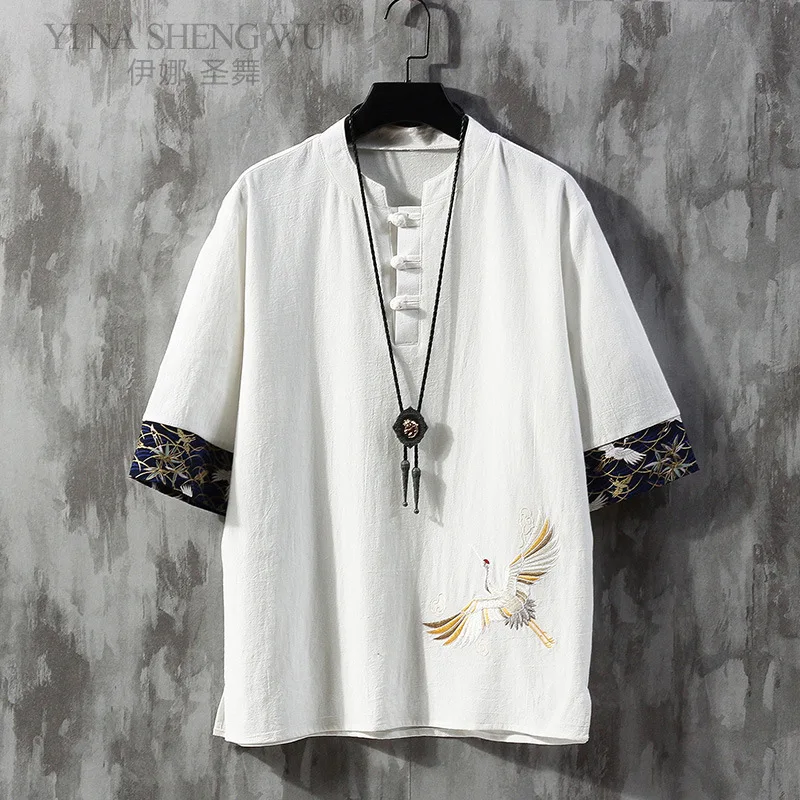 Chinese Style Disc Button Linen T-shirt Men's Summer Short-sleeved Tang Shirt Loose Large Size T-shirt Japanese Kimono Men New japanese kimono japanese kimono shirt men women t shirt