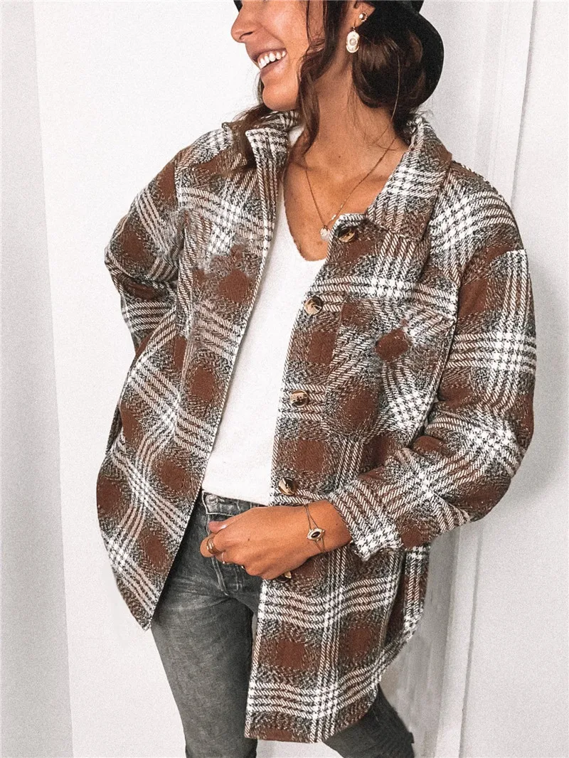 

Women Casual Loose Long-sleeved Woolen Coat Autumn Winter Fashion Plaid Stitching Lapel Neck Blouse Single-breasted Coat Jacket