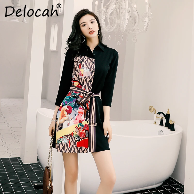 

Delocah Women 2020 Spring Summer Dress Runway Fashion Designer Three Quarter Sleeve Simple Sashes Printed Loose Ladys Dresses