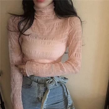 

Women Turtleneck Soft Full Sleeve Mesh T Shirts Lady Semi-transparent Elastic Soft Wrinkled Tops Tees Female T-Shirt