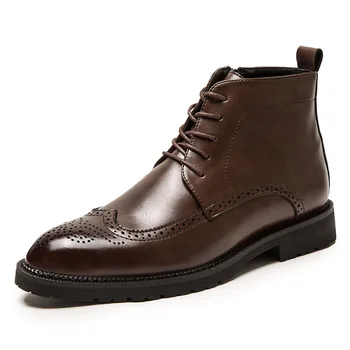 

2020 New Flat heel men boots PU Increase Shoes male pointed head Solid Color Lace-up fashion winter Botas Hombre Size 38-48