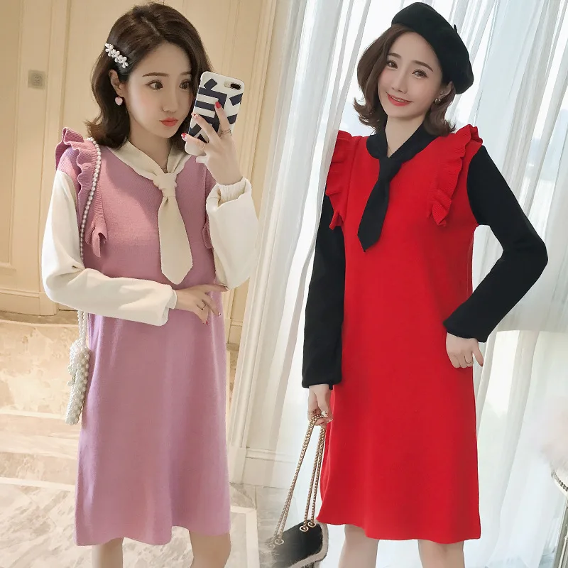 

Maternity Clothes 2019 Autumn And Winter Maternity Clothes Flounced Butterfly Collar Mock Two-Piece Dress Sweater Pregnant Women