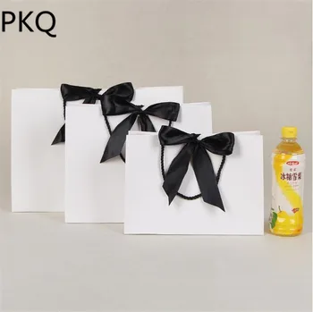 

10Pcs 28x9x20cm White Kraft Paper Bag with handle Ribbon Gift Bag for Clothes/Present Large Shopping Packaging Bags Party Bags
