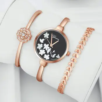 

2019 Fashion High Quality Women 3Pcs/Set luxury Casual Round Dial Flower Alloy Strap Analog Quartz Wrist Watch Bracelet Bangle L