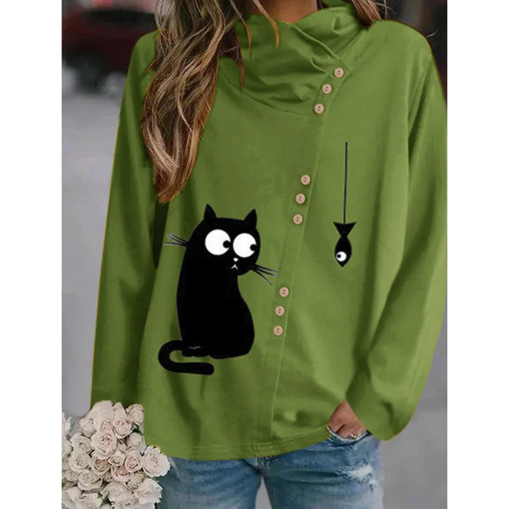 

Button Sweatshirt Pullover Cat Print V-Neck Long Sleeve Loose Tops Women Sweatshirt Harajuku Sweatshirts sudaderas para mujer