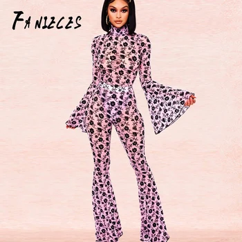 

Sexy Print beachwear Jumpsuit Casual Long Bell Sleeve Bodysuit and Pants Two Piece Set Night Club Party Overalls dropshipping