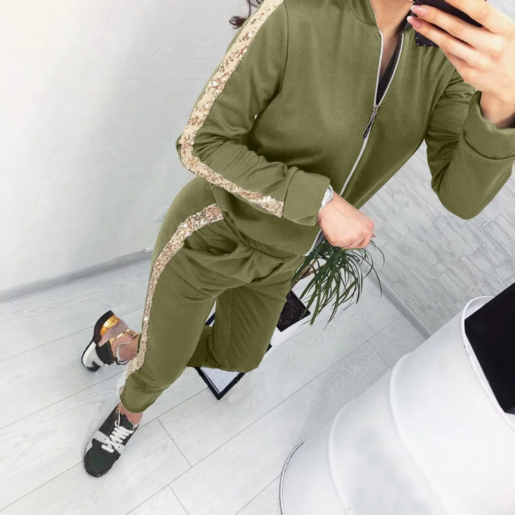 Womens Tracksuit Autumn New Fashion Casual Sequins Stitching Zipper Jacket Trousers Sports Suit Sportswear Women Tracksuit#45