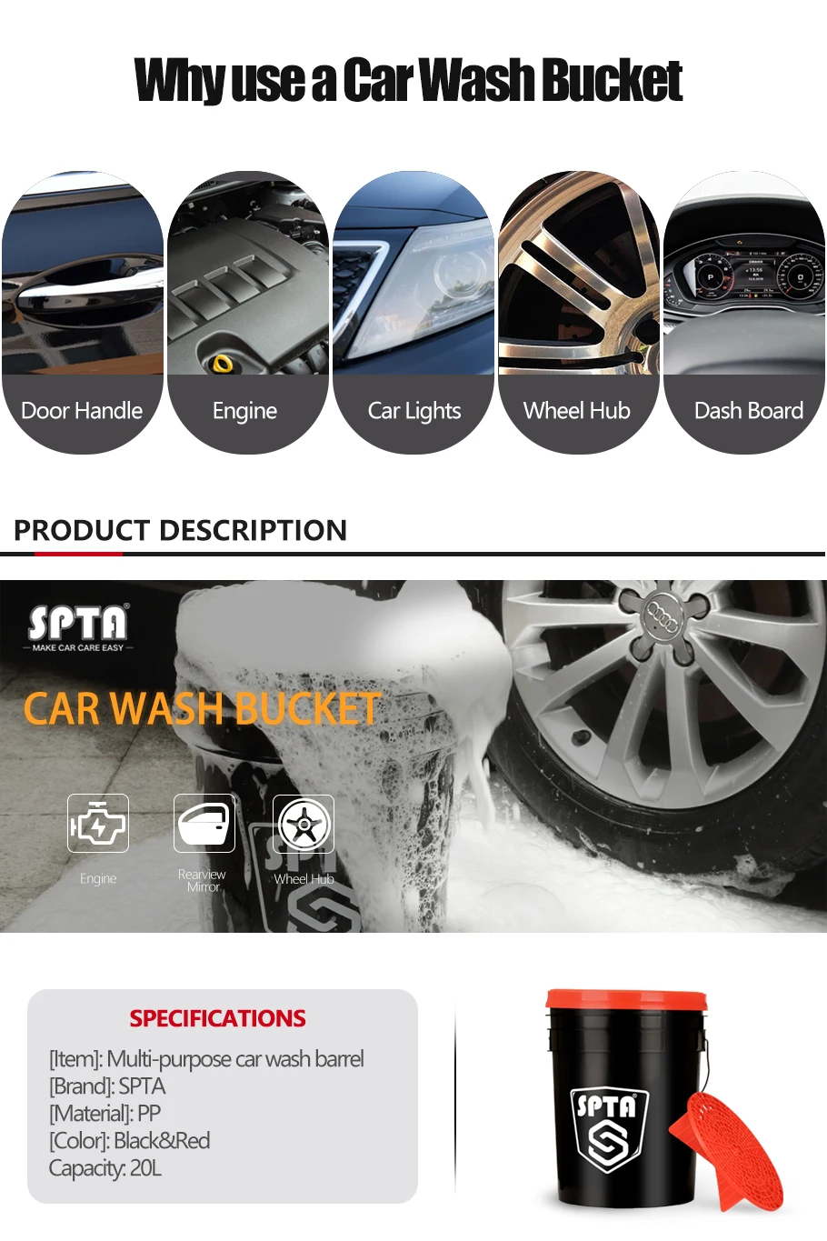 SPTA Professional Car Wash Bucket with Grit Guard Heavy Duty 5 Gallon