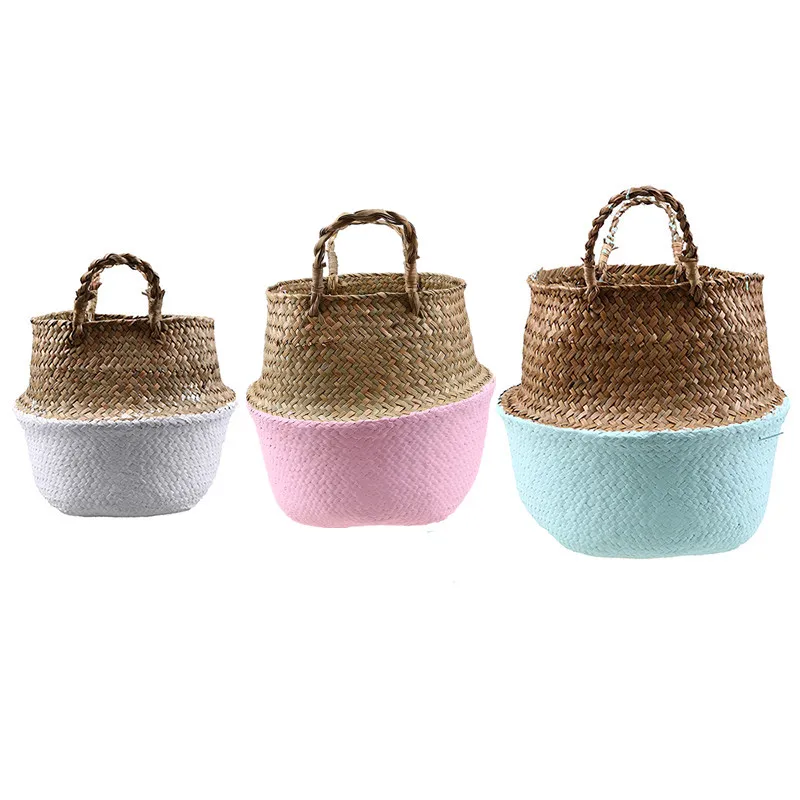 

Foldable Woven Storage Baskets Handmade Wicker Rattan Seagrass Laundry Basket Garden Flower Pot Planter Home Organizer