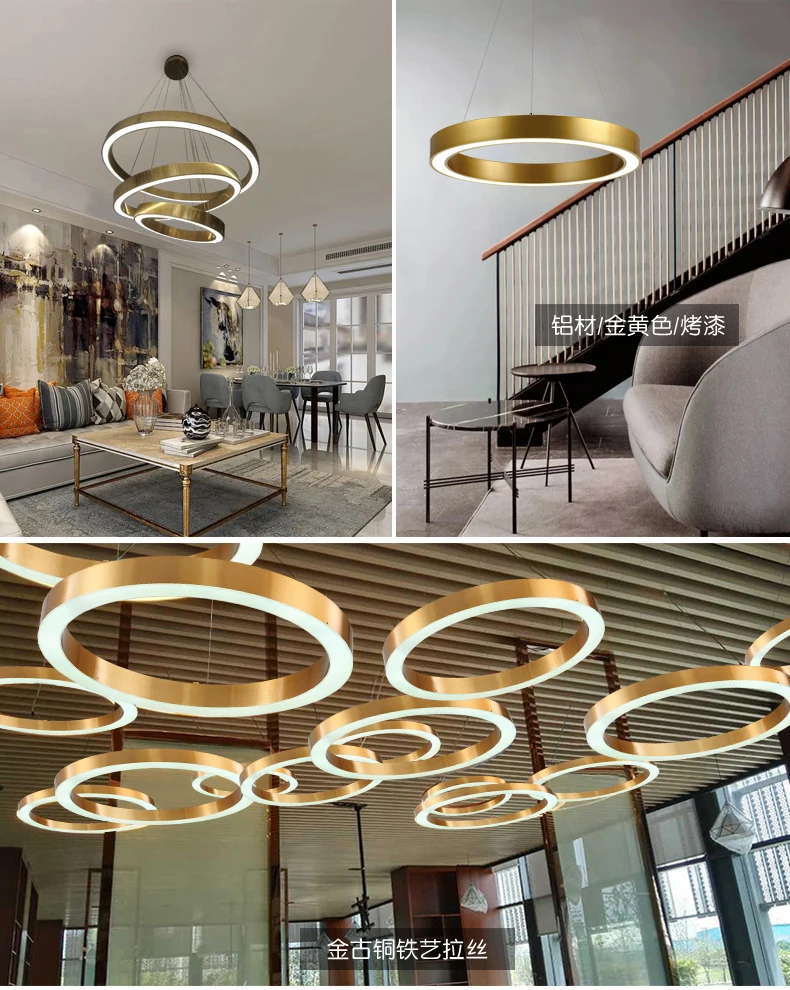 Led Золотая кольцевая форма люстра пост современный лаконичный оригинальность личность лобби гостиная лампа отель люстра