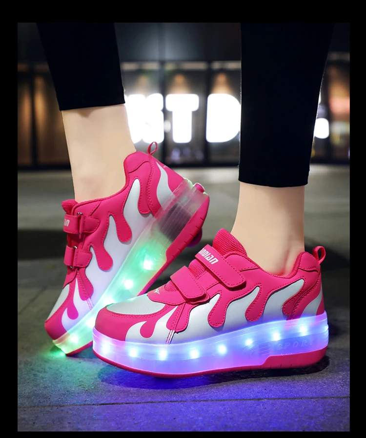 Children Boys Luminous Glowing White Sneakers with Double Two Wheels Roller Skate Shoes Adult Kids USB Charging Shoes Pink Girls best children's shoes