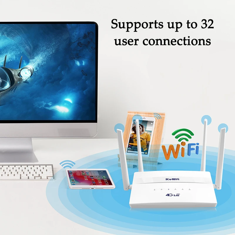 best home wifi signal booster KuWFi 4G LTE 300Mbps Không Dây Có Khe SIM 4 Ăng Ten Ngoài Repeater Hỗ Trợ 32 WiFi Người Sử Dụng wireless internet amplifier