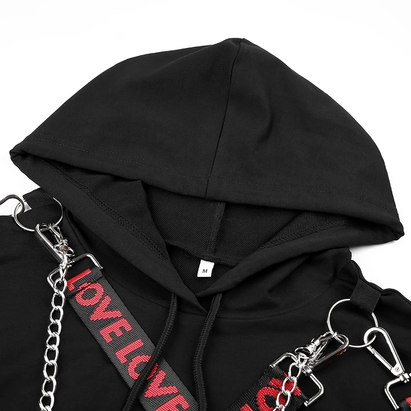 Weekeep Metal Chain Patchwork Hoodies Women Hooded Streetwear Pullover Hoodie Fashion Cropped Long Sleeve Sweatshirt Crop Top