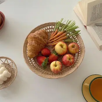 

Rattan Fruit Plate Drainer Food Tray Bread Snack Serving Plates Storage Organizer Picnic Baskets Home Wall Kitchen Table Decor